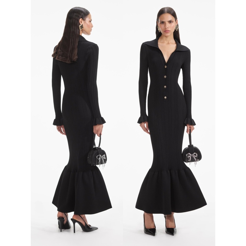 NWT Self-Portrait Black Ribbed Knit Fluted Midi Dress $555 - Size Small